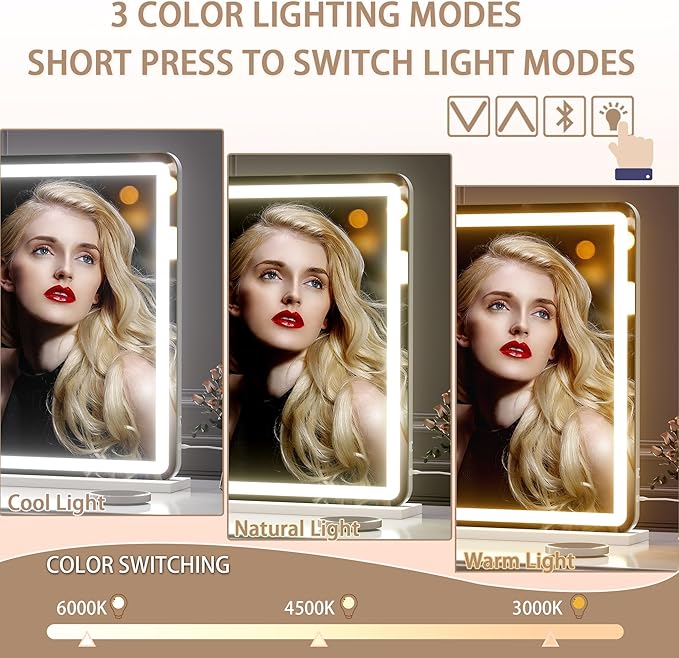 Hasipu Vanity Mirror with Lights and Bluetooth Speaker, 37.4" x 25.6" LED Makeup Mirror, Lighted Makeup Mirror with Dimmable 3 Modes, Touch Screen Control Vanity Mirror Round White