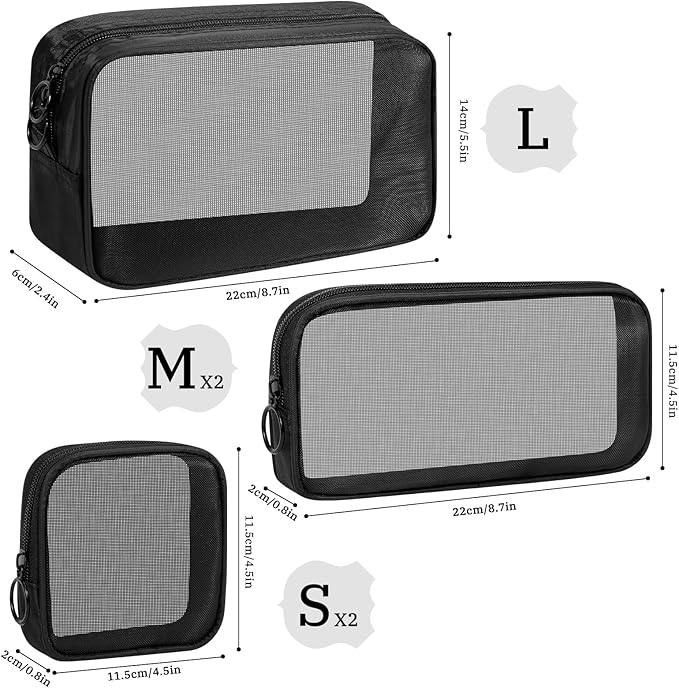 5 Pieces Mini Zipper Nylon Mesh Pouch, Mesh Cosmetic Bags Makeup Bags, Multipurpose Travel Toiletry Bags for Office Supplies and Travel Accessories (White, Assorted Sizes)