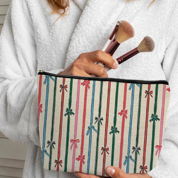 Coquette Christmas Ribbon Bow Makeup Bag, Preppy Red Green and Pink Striped Christmas Cosmetic Bags Gifts for Women, Girly Xmas Portable Travel Toiletry Bag Zipper Makeup Pouch