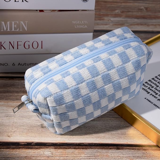 SOIDRAM 2 Pieces Makeup Bag Checkered Cosmetic Bag Purple Blue Makeup Pouch Travel Toiletry Bag Organizer Cute Makeup Brushes Storage Bag for Women