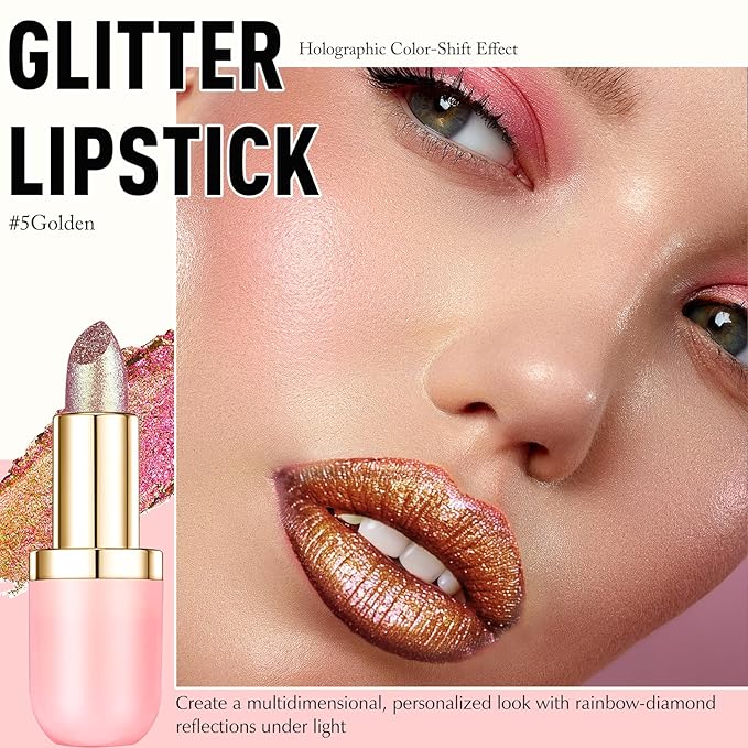 Gold Holographic Glitter Lipstick Makeup, Metallic Lip Stick Long Lasting Lightweight Non-Sticky Hydrating Lip Tinted Full Coverage High-Shine Shimmer Chameleon Lipstick for Women