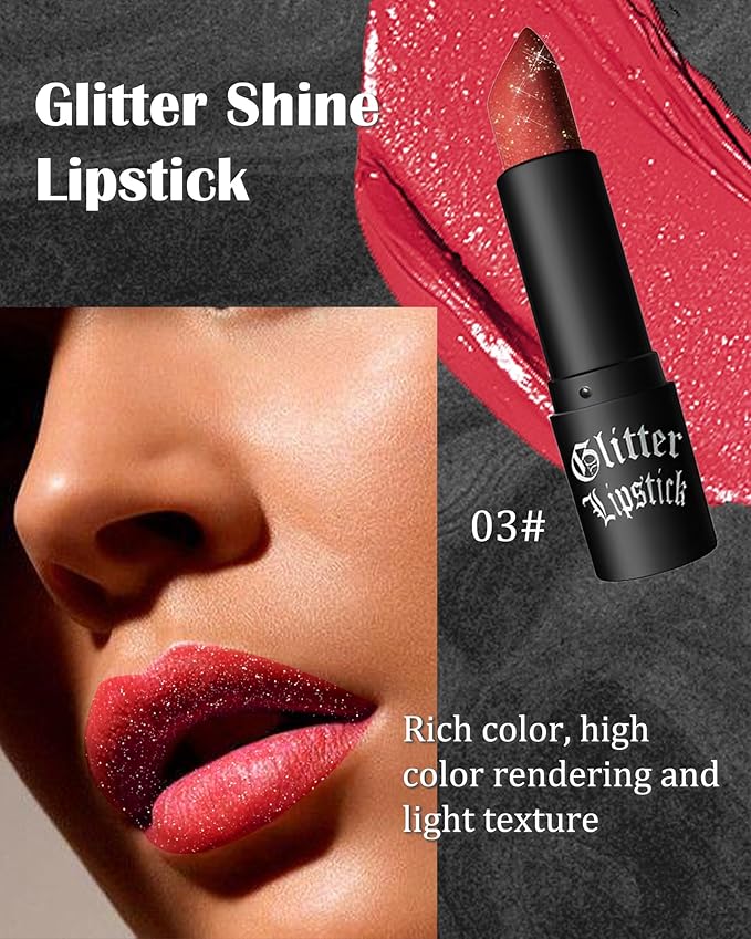 Diamond Glitter Matte Lipstick,Ruby Red Metallic Shimmer Lip Gloss Lip Tint Stain,Sparkling High Pigment Tinted Lip Balm,Longlasting Waterproof Non-Stic Cup Lipstain Lipgloss,Makeup Gift for Women-03