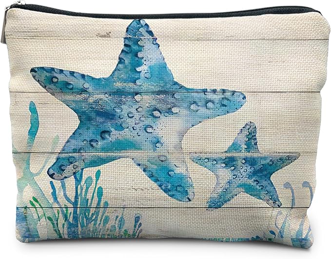 Ocean Starfish Beach Makeup Bag, Marine Life Sea Animals Cosmetic Bags for Women, Ocean Themed Gifts