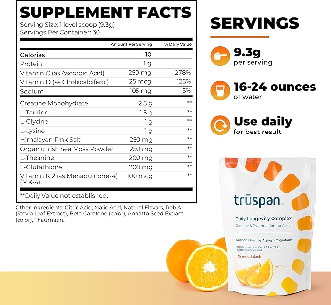 TruSpan Daily Longevity Complex Creatine Powder, with Essential Amino Acids, Sugar Free, Orange Splash Flavor, 30 Servings