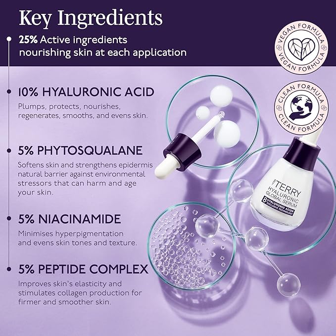By Terry Hyaluronic Global Face Serum, Reduces Wrinkles & Fine Lines, Vegan & Fragrance Free, Suitable for All Skin Types, 1.1 fl oz