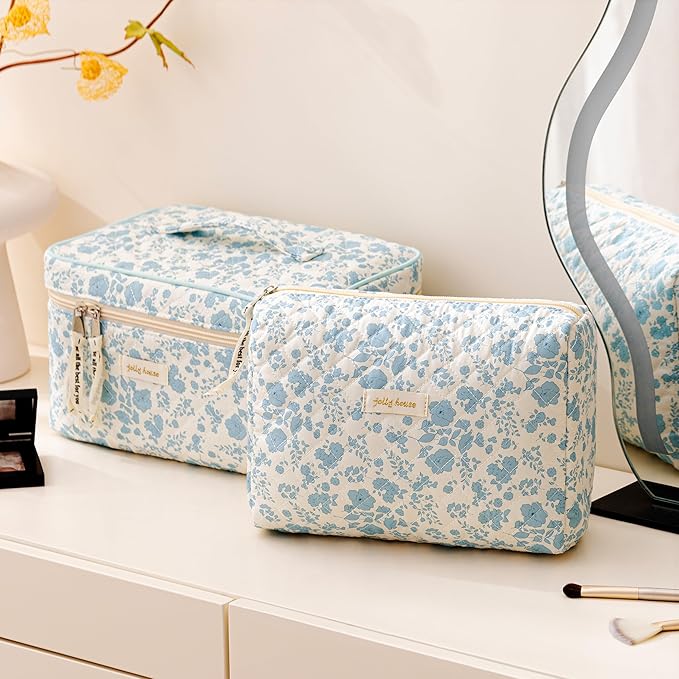 HBselect Quilted Makeup Bag, 3PCS Cotton Large Travel Makeup Bag, Cute Floral Coquette Make up Bag Cosmetic Bag Toiletry Bag for Women Girls