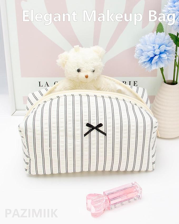PAZIMIIK 6PCS Cozy Makeup Bag Small Aesthetic Travel Zipper Cosmetic Pouch for Women Make Up Beauty Accessories Brushes, Stripe Black