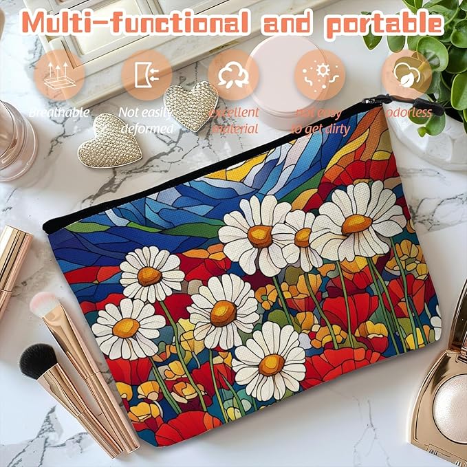 Cosmetic Bags Travel Makeup Toilet Case Waterproof Pouch for Women Girls 6.7X9.45inches - Stained - Glass Style Landscape With Daisies And Poppies