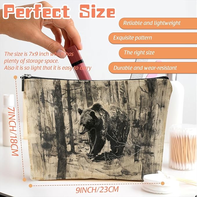 Makeup Bag Travel Cosmetic Bags Small Makeup Case Waterproof Zipper Pouch for Women Girls 7X9inches - Brown Bear Roaming Through A Textured Forest