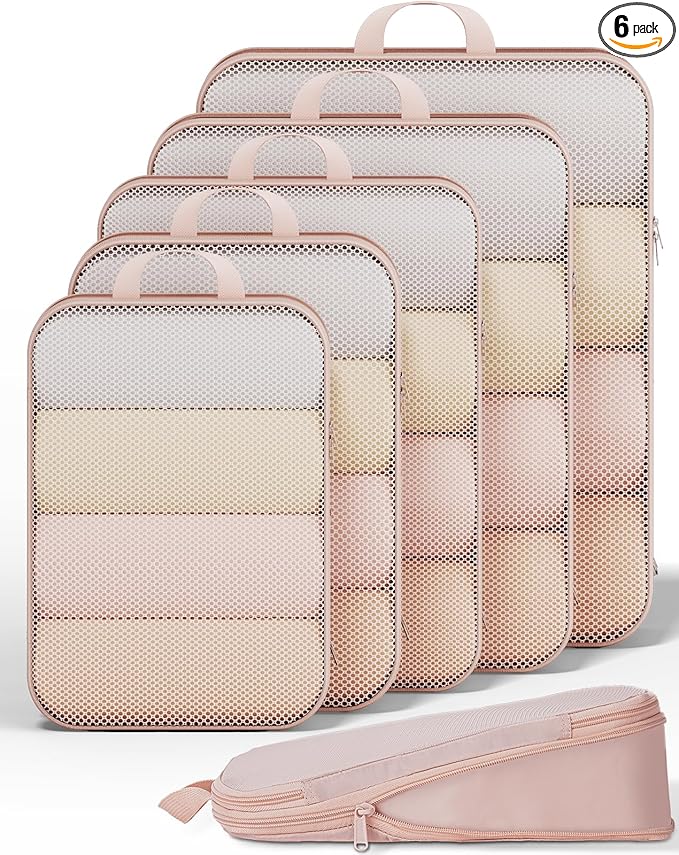 Veken 6/9/11 Set Compression Packing Cubes for Travel Essentials,Compressible Expandable Large Luggage Suitcase Organizer Bags for Clothing,Durable Space Saver Storage Bags(Beige)
