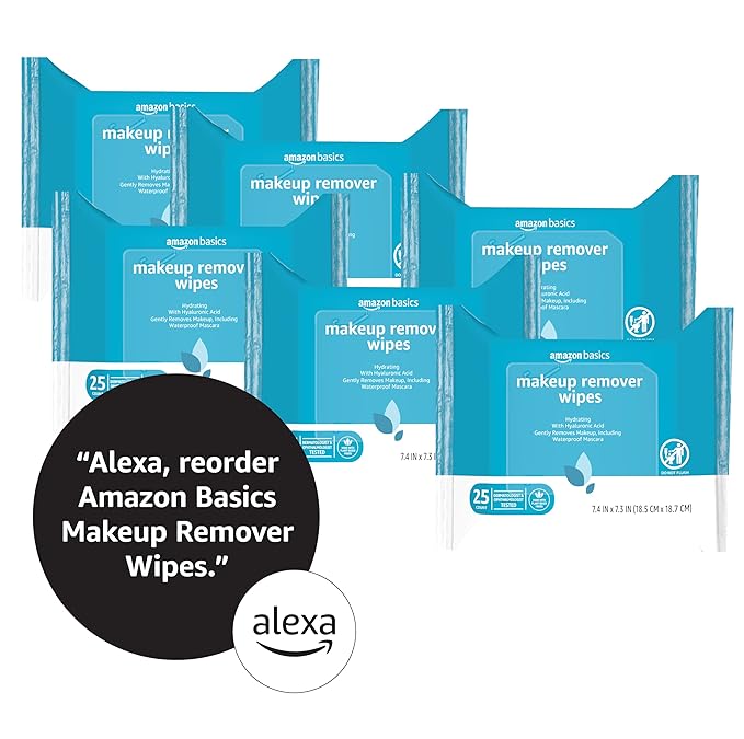 Amazon Basics Makeup Remover Wipes, Gentle Cleansing, Dermatologist Tested, Hydrating, Plant Based, Alcohol-Free, Removes Waterproof Mascara, 25 Count Per Pack, Pack of 6