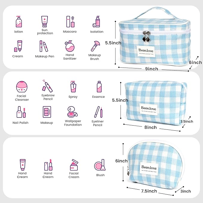 FAELBATY Checkered Makeup Bag, 3 Pack Large Travel Makeup Bag Set, Cosmetic Bag for Women (Blue)