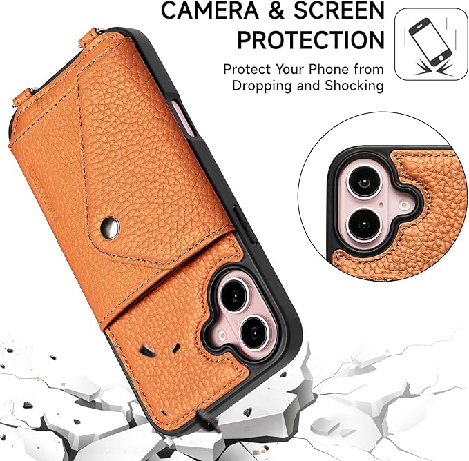 LUCKYCOIN Crossbody Wallet Phone Case for iPhone 16 Plus,100% Genuine Leather Wallet Phone Case with Expandable Flip Card Holder,Phone Purse for Women with Adjustable Removable Strap - Pebble Brown