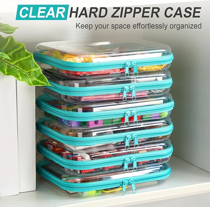 Sanwuta 6 Pcs Clear Hard Zipper Case Hard Plastic Zipper Pouches Makeup Bag Pencil Pouches Transparent Cases for Snacks Plastic Storage Organizer Box for Travel(Teal,9.84 x 7.87 x 2 Inch)