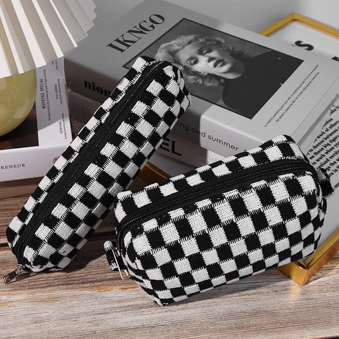SOIDRAM Makeup Bag Checkered Cosmetic Bag Black Makeup Pouch 1Pcs Large Capacity Makeup Bags and 1Pcs Makeup Brushes Storage Bag Travel Toiletry Bag Organizer