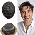 FACE MIRACLE Mens Toupee Lace Front Hairpieces Soft Human Hair Replacement System Natural Hairline Toupee for Men French Lace Poly V-Looped Mens hair Units 6"X9" #1B20 Off Black with 20% Gray