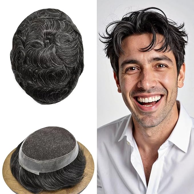 FACE MIRACLE Mens Toupee Lace Front Hairpieces Soft Human Hair Replacement System Natural Hairline Toupee for Men French Lace Poly V-Looped Mens hair Units 6"X9" #1B20 Off Black with 20% Gray