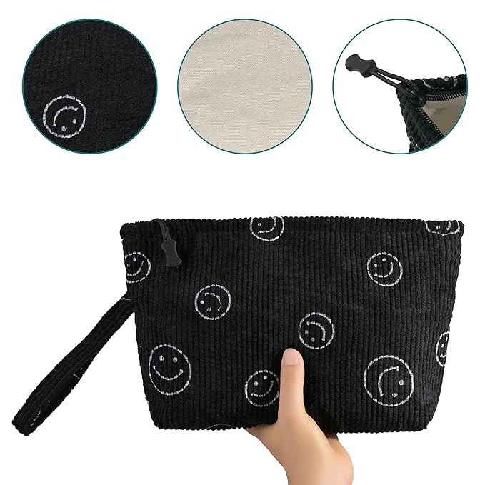 Small Cosmetic Bag set for Women Corduroy Makeup Bag with Interior Pocketes Cute Corduroy Makeup Pouches Women Small Toiletry Bag (Black Smile)
