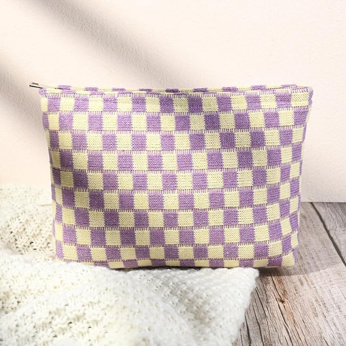 SOIDRAM 2 Pcs Checkered Makeup Bag Large Cosmetic Bag Toiletry Bag Makeup Pouch Travel Bag Organizer Cute Makeup Brushes Aesthetic Accessories Storage Bag for Women Purple