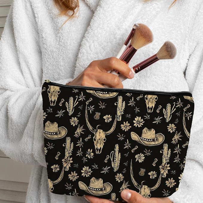 Boho Western Makeup Bag, Rustic Country Western Cow Skull Cactus Cosmetic Bags Gifts for Women, Southwestern Cowgirl Portable Travel Toiletry Bag Zipper Makeup Pouch