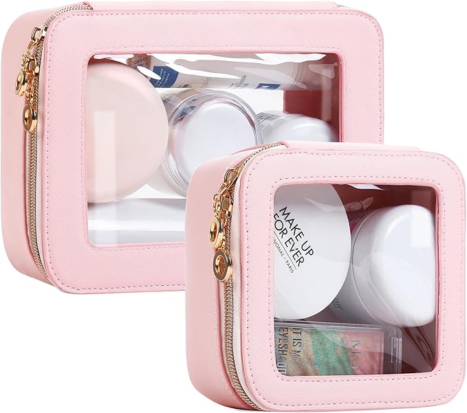 Leather Clear Makeup Bags Set - Travel Clear Cosmetic Bag Case with Zipper, Transparent TSA Approved Toiletry Bags for Travel Essentials Car Accessories for Women (Pink, S+M)