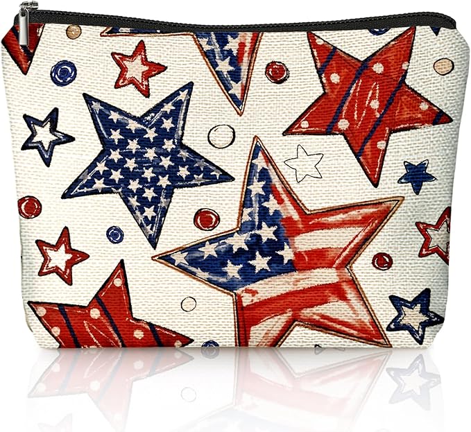 Retro American Flag Star 4th of July Makeup Bag, America Patriotic Cosmetic Bags for Women, Red White and American Flag Star Toiletry Bag for Women, cosmetic bag, makeup case