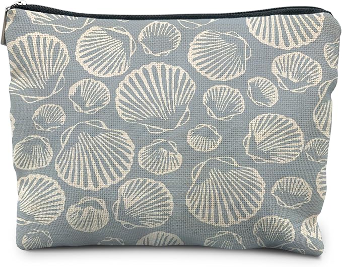 Coastal Beach Makeup Bag - Aesthetic Sea Shell Cosmetic Pouch for Women, Beach Gifts, Vacation Gifts, Light Blue Beachy White Pouch