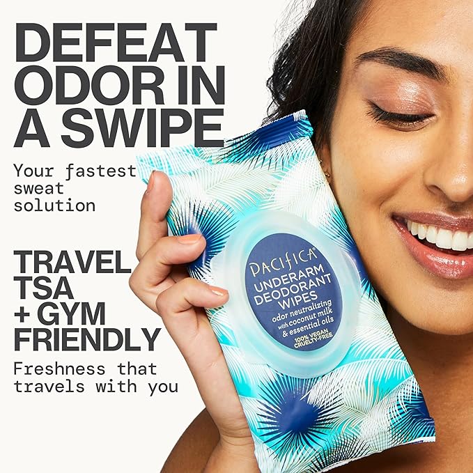 Pacifica Underarm Deodorant Wipes & Makeup Remover Face Wipes Bundle – Aluminum-Free Odor Control & Facial Cleansing Towelettes, 2-Pack (30ct Each, 60 Total) – Vegan, Cruelty-Free Travel Essentials