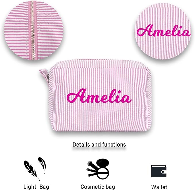 MT WORLD Personalized Seersucker Toiletry Bag Monogrammed Cosmetic Bag Cotton Seersucker Pouch Large Capacity Women Travel Toiletry Case for Travel Wedding Bridesmaid Graduation Gifts (Pink)