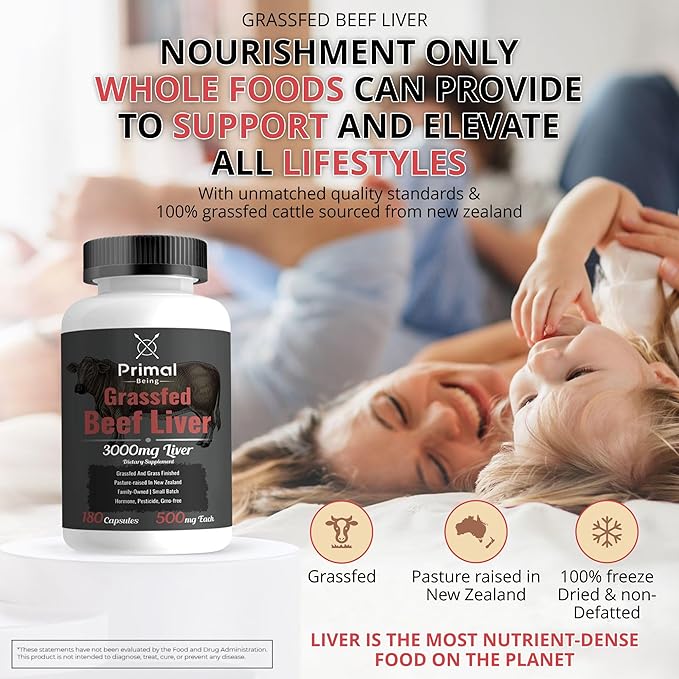 Primal Being Grassfed Beef Liver - 3000mg Freeze Dried Capsules - Pasture Raised in New Zealand - Natural Beef Organ Supplement - Liver Supplement for Energy and Wellness - 180 Count