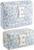 JOVAKIT Alphabet Makeup Bag Cosmetic Bag for Women, Christmas Gifts for Girls Age 6-18, Floral Flowers Coquette Travel Toiletry Zipper Make Up Pouch Organizer Trendy Stuff (2Pcs Blue Floral E)