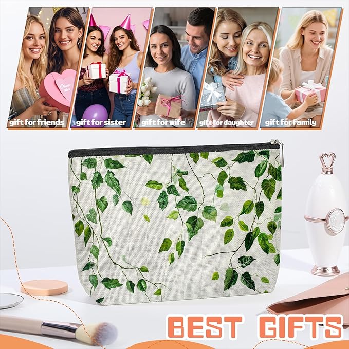 Makeup Bag Travel Cosmetic Bags Small Makeup Case Waterproof Zipper Pouch for Women Girls 7X9inches - Green Ivy Leaves Cascading on White