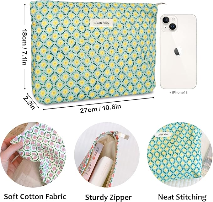 STARDW Aesthetic Floral Makeup Bag Cute Small Cosmetic Bags for Women Girls, Travel Toiletry Bag Large Capacity Zipper Makeup Pouch, Purse Organizer Pouches (Yellow Floral)
