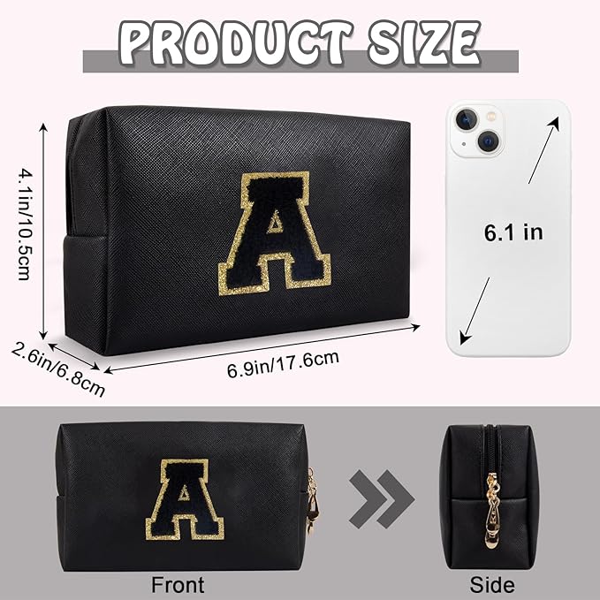 Personalized Initial Preppy Patch Makeup Bag, Small Cute Cosmetic Pouch Make Up Case Travel Toiletry Zipper Pouch, Monogram Waterproof PU Leather Chenille Letter Storage Bag Gifts for Women(Letter A)