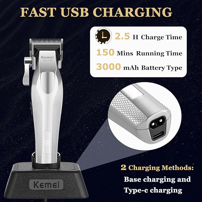 KEMEI 1798 Professional Hair Clippers for Men, 9100 RPM Cordless Barber Clippers with Full Metal Body, 3000 mAh Hair Trimmer with LED Display, Ceramic and DLC Blades