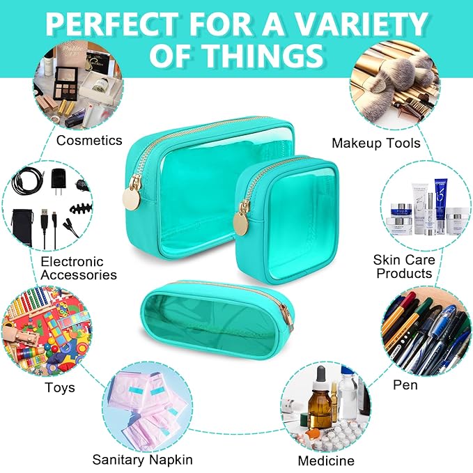 Clear Mini Makeup Bag for Purse, Small Nylon&PVC Cosmetic Travel Bag TSA Approved Toiletry Bag with Zipper, Preppy Transparent Makeup Travel Bag Coin Purse for Women Men Girls(Mini-Mint Green)