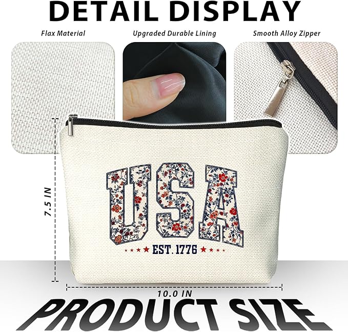 Retro Floral USA 4th of July Makeup Bag, America Patriotic Cosmetic Bags for Women, Red White and Blue USA Toiletry Bag for Women, cosmetic bag, makeup case