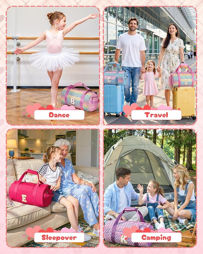 Gifts for 4 5 6 7 8 Year Old Girl, Girls Travel Duffel Bag, Kids Initial Overnight Bags with Shoe Compartment, Personalized Gym Ballet Dance Bag with Makeup Pouch, Birthday Gift (Letter C)
