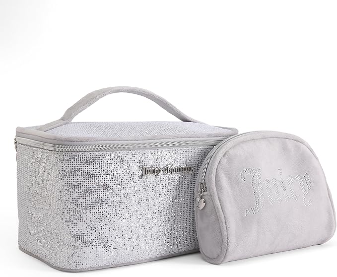 Juicy Couture Silver Makeup Bag Cosmetics Organizer Travel Essentials Train Case Coin Purse Glitter Rhinestone Velour