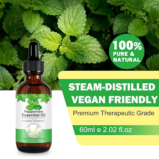 Peppermint Essential Oil 60ml, Natural Peppermint Oil for Hair Growth & Dandruff Removal - Perfect for Aromatherapy, Scalp and Body Massage, Refreshes, 2.02 fl.oz