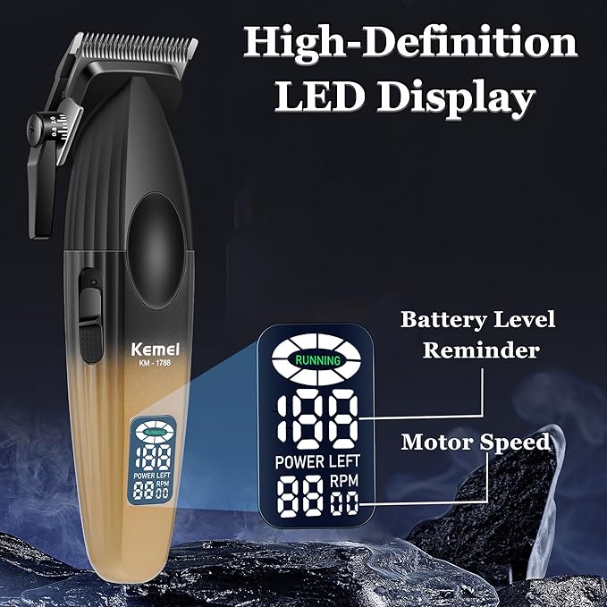 KEMEI 1788 Professional Hair Clippers for Men, Cordless Barber Clipper with LED Display, 9000 RPM Clippers for Hair Cutting with 2500 mAh Battery