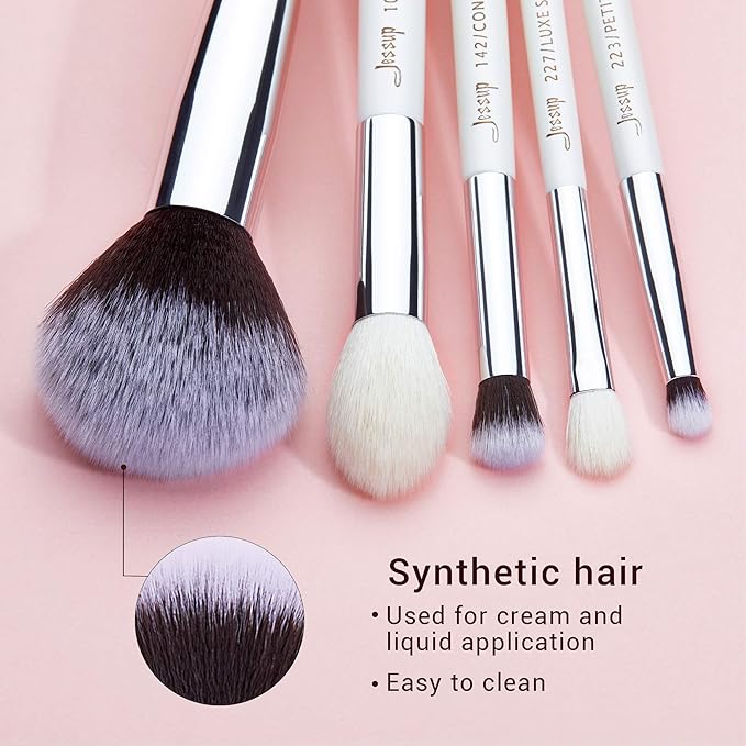 Jessup Brand 25pcs Professional Makeup Brush Set Beauty Cosmetic Foundation Powder Blusher Eyeshadow Blending Highlight Concealer Natural-Synthetic Hair Brushes Set (Pearl White/Silver)