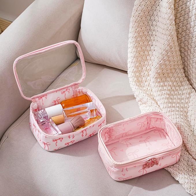 Cute Clear Makeup Bag with Bow Patten,Transparent Nylon Travel Cosmetic Case with Zipper,Portable Makeup Organizer Pouch for Essentials(05Pinkbow-white)