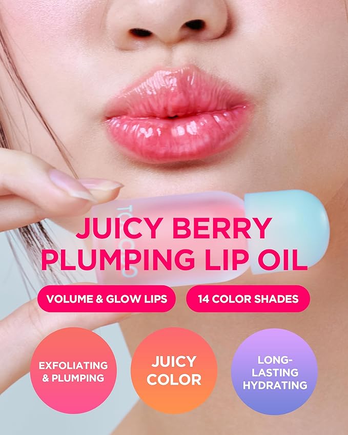 TOCOBO Juicy Berry Plumping Lip Oil 18 Cozy Pink – Korean Vegan Hydrating Lip Oil with Plant Oils for High Shine Gloss - Non Sticky Formula for All Skin Tones, 0.12 fl.oz.