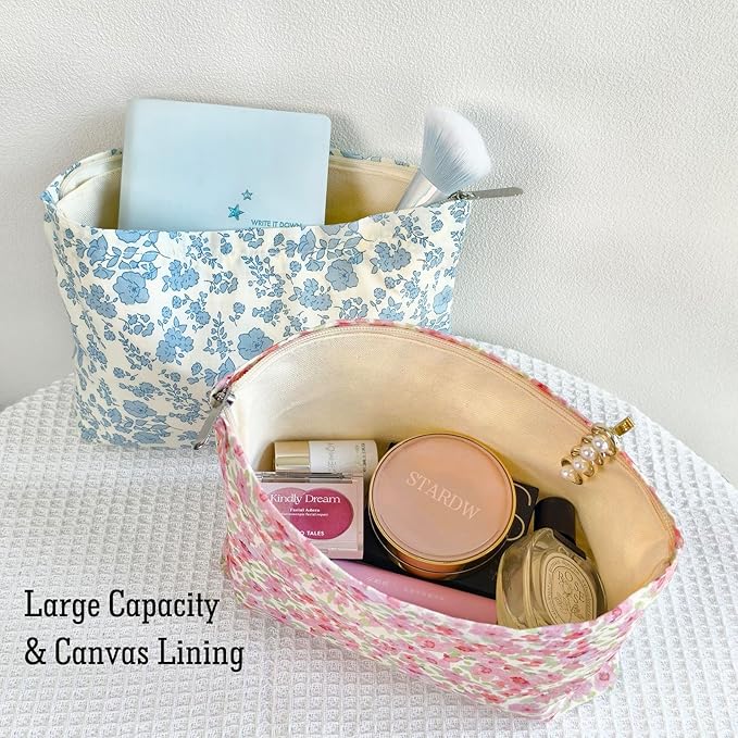 STARDW Aesthetic Floral Makeup Bag Cute Small Cosmetic Bags for Women Girls, Travel Toiletry Bag Large Capacity Zipper Makeup Pouch, Purse Organizer Pouches