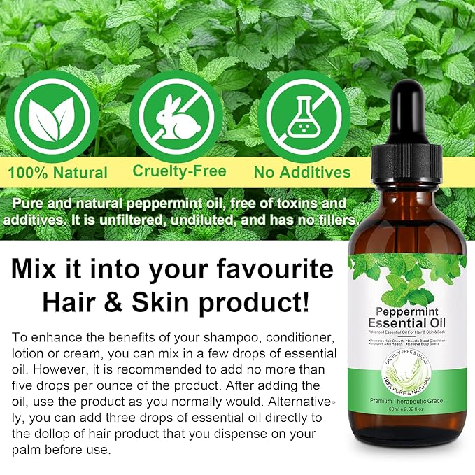 Peppermint Essential Oil 60ml, Natural Peppermint Oil for Hair Growth & Dandruff Removal - Perfect for Aromatherapy, Scalp and Body Massage, Refreshes, 2.02 fl.oz