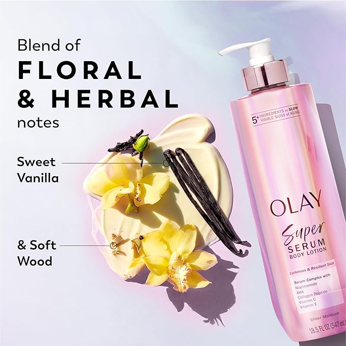 Olay Super Serum Hand & Body Lotion for Dry Skin, 24hr Long Lasting Hydration, 5+ Ingredient Serum Complex for Bright Even Firm Luminous Skin, Sweet Vanilla & Soft Wood Scent, 18.5 fl oz