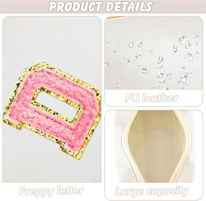 Initial Makeup Bag Personalized Preppy Travel Small Cosmetic Bag Cute PU White Chenille Letter Makeup Pouch for Purse Waterproof Zippered Toiletry Organizer for Women Girls Kids Friends (D)