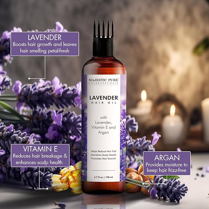 Majestic Pure 100% Pure Lavender Oil with Vitamin E for Hair Care, Strengthening, Nourishing, and Volumizing Formula with Vitamin E & Argan Oil - Non GMO Verified, 6.7 Fl Oz