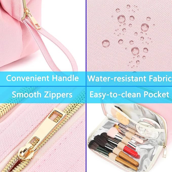 Travel Makeup Bag, Wide-open Cosmetic Bag Make Up Organizer Case with Brushes Pocket for Women, Large Family Toiletry Bag Skincare Pouch for Toiletries Accessories
